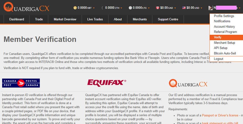 quadrigacx verification process - ui