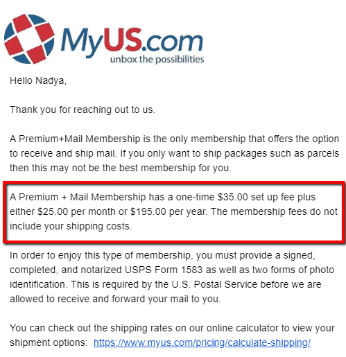 MyUS prices for mail forwarding