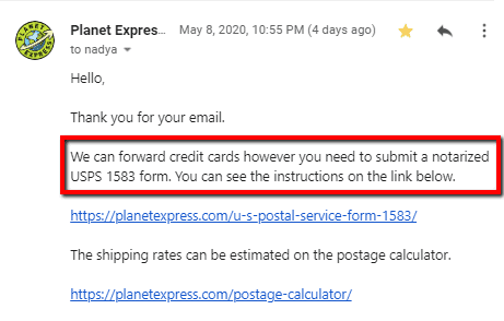 PlanetExpress ships credits cards to Canada